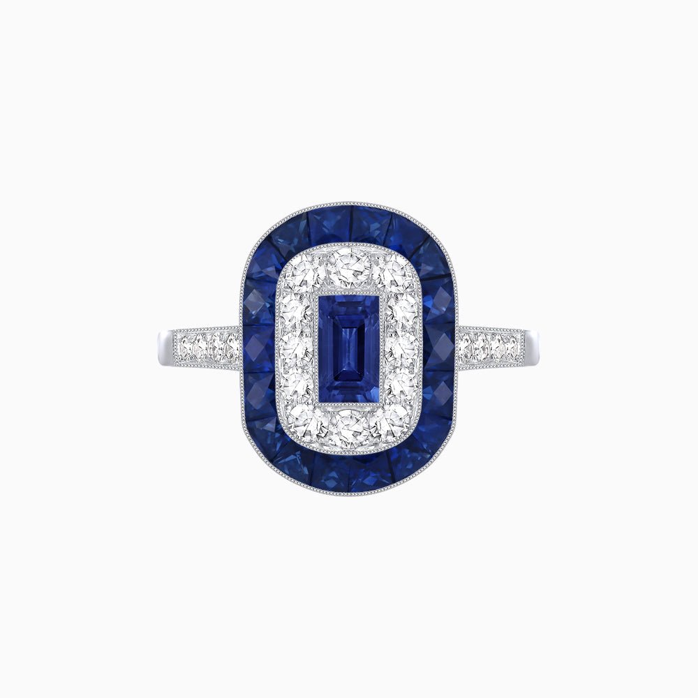Art Deco Style Double Halo Ring Mounting with Emerald Cut Center Stone and Calibre-Cut Gemstone Halo - Shahin Jewelry