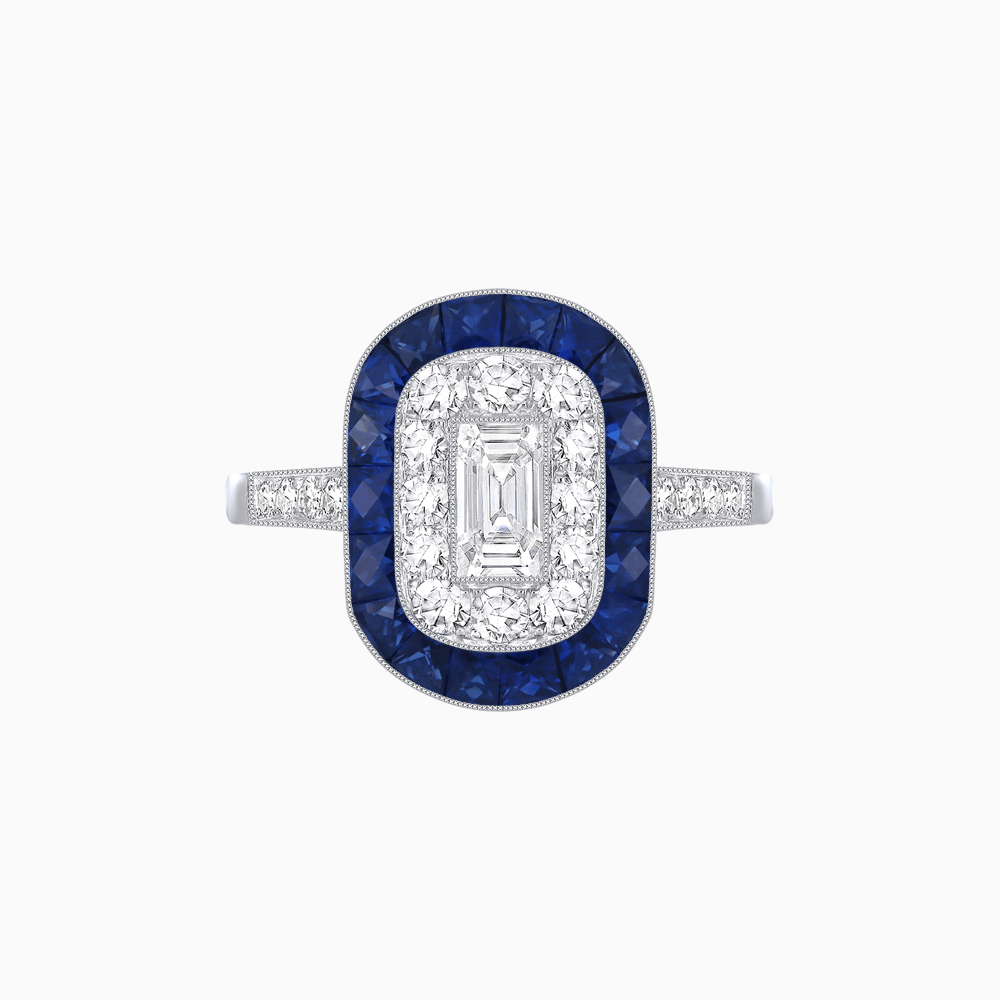 Art Deco Style Double Halo Ring Mounting with Emerald Cut Center Stone and Calibre-Cut Gemstone Halo - Shahin Jewelry