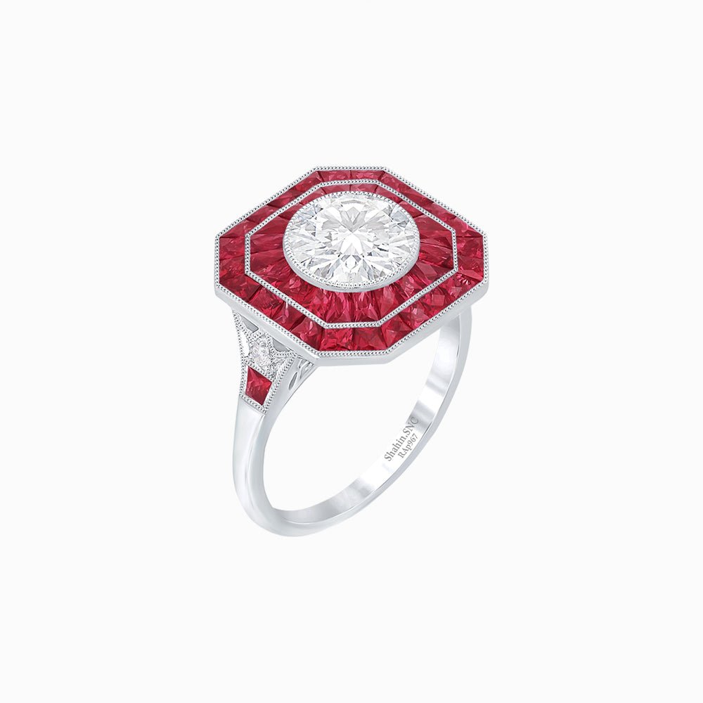 Art Deco Style Double Halo Ring with Diamond - Shahin Jewelry