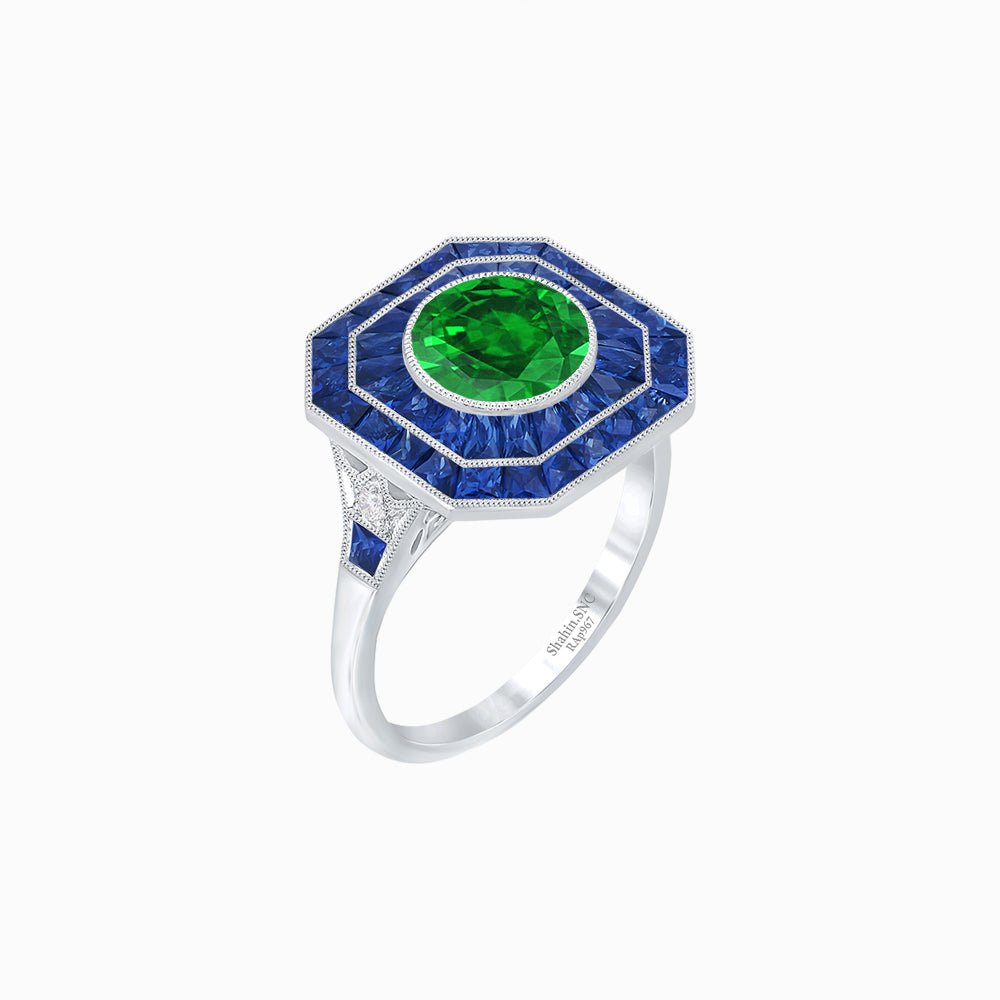 Art Deco Style Double Halo Ring with Gemstone - Shahin Jewelry