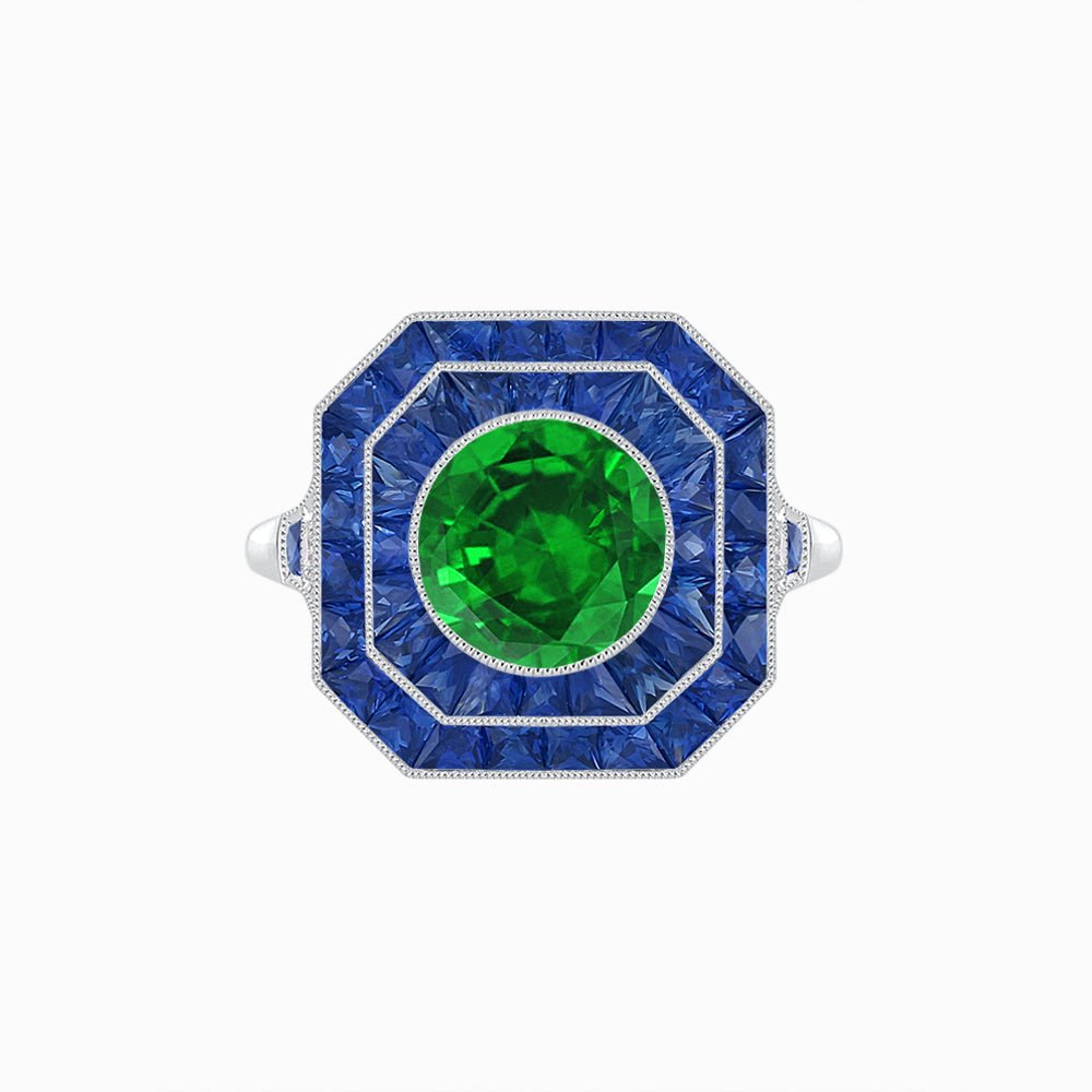 Art Deco Style Double Halo Ring with Gemstone - Shahin Jewelry