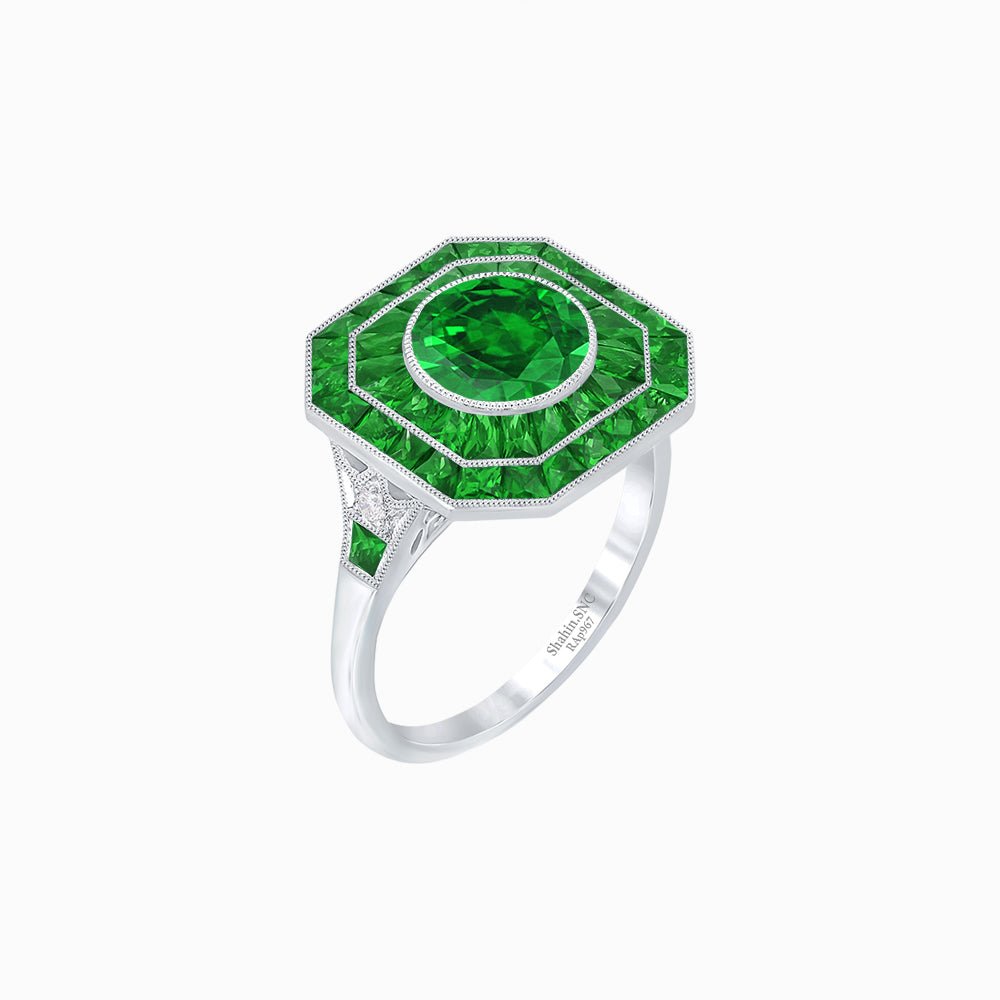 Art Deco Style Double Halo Ring with Gemstone - Shahin Jewelry