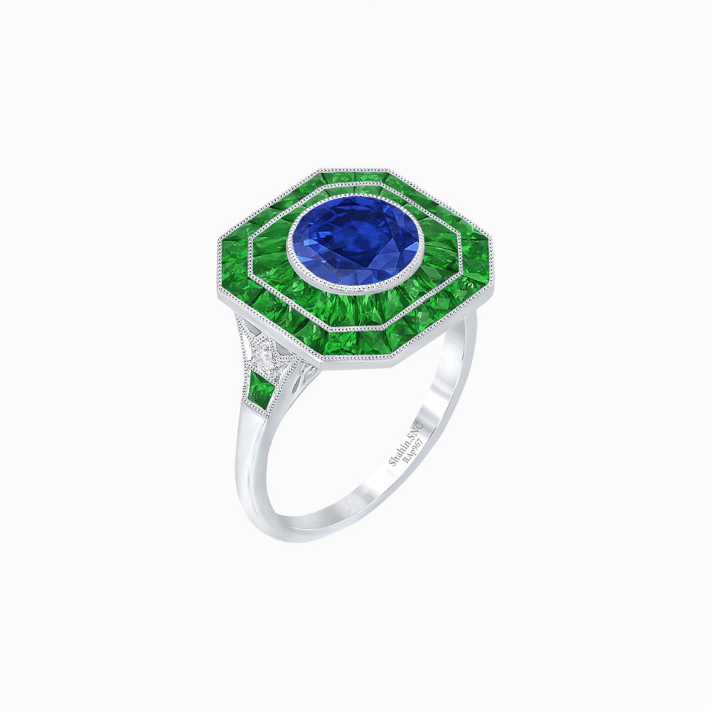 Art Deco Style Double Halo Ring with Gemstone - Shahin Jewelry