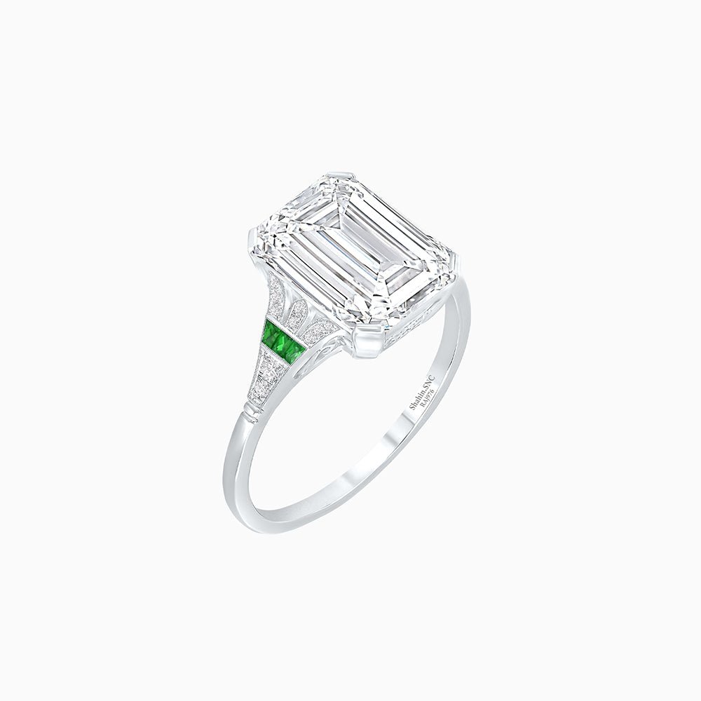 Art Deco Style Emerald Cut Center Stone Ring Mounting with French Cut Accents - Shahin Jewelry