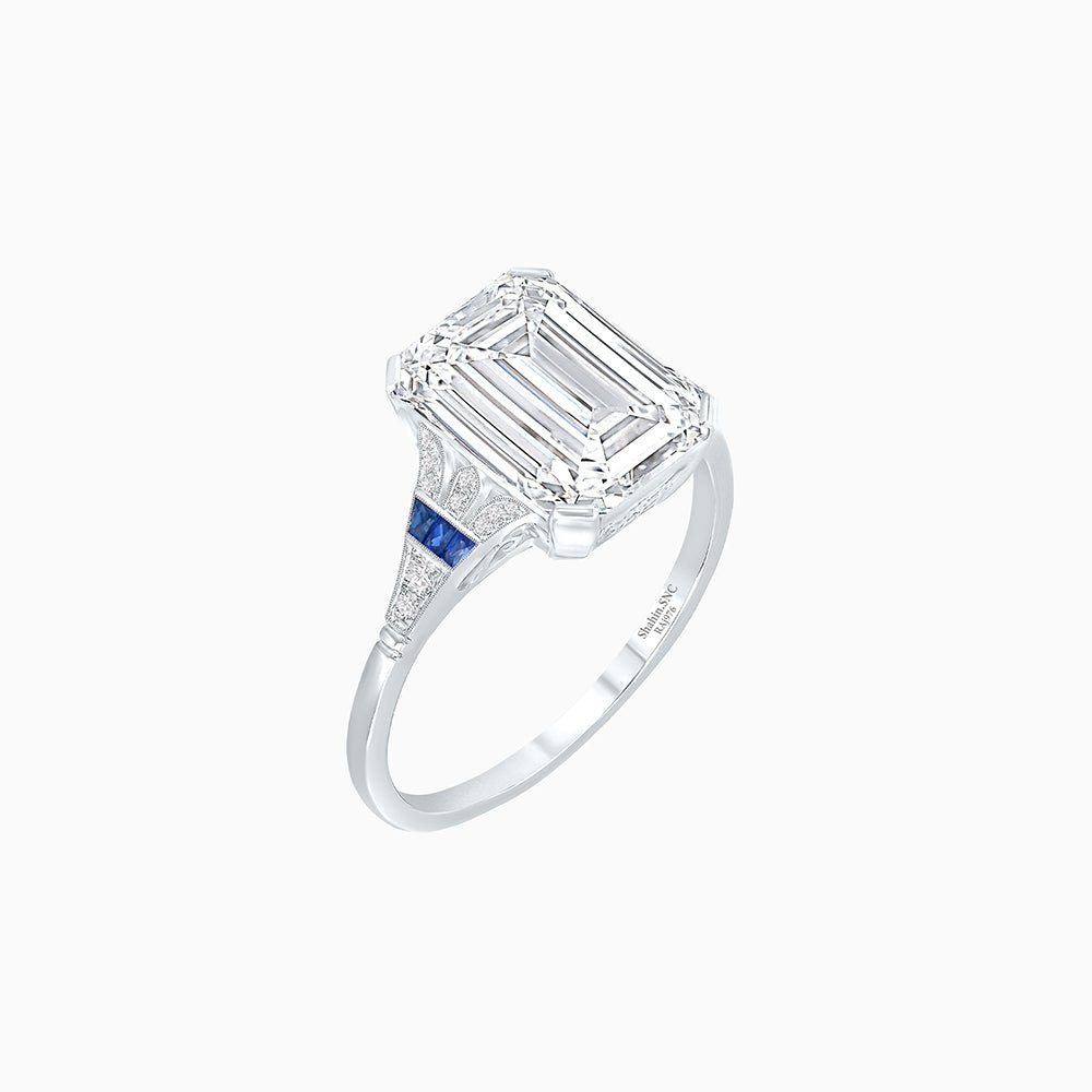 Art Deco Style Emerald Cut Center Stone Ring Mounting with French Cut Accents - Shahin Jewelry