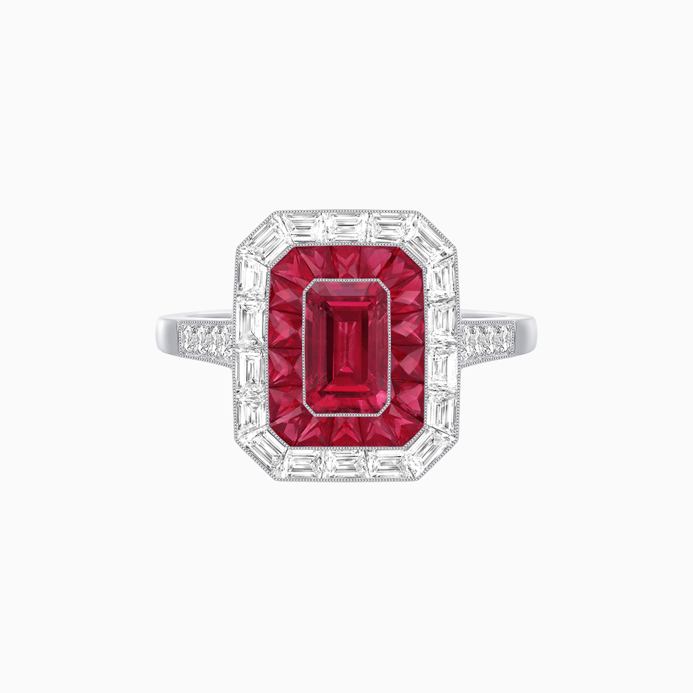 Art Deco Style Emerald Cut Double Halo (French Cut Gemstone and Baguette Halo) Mounting Ring - Shahin Jewelry