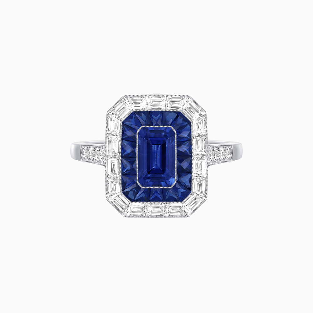Art Deco Style Emerald Cut Double Halo (French Cut Gemstone and Baguette Halo) Mounting Ring - Shahin Jewelry