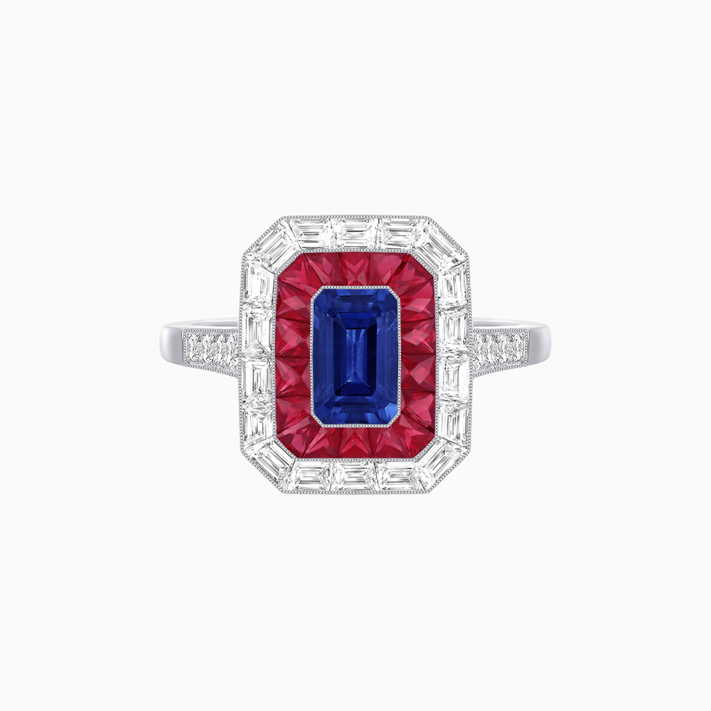 Art Deco Style Emerald Cut Double Halo (French Cut Gemstone and Baguette Halo) Mounting Ring - Shahin Jewelry