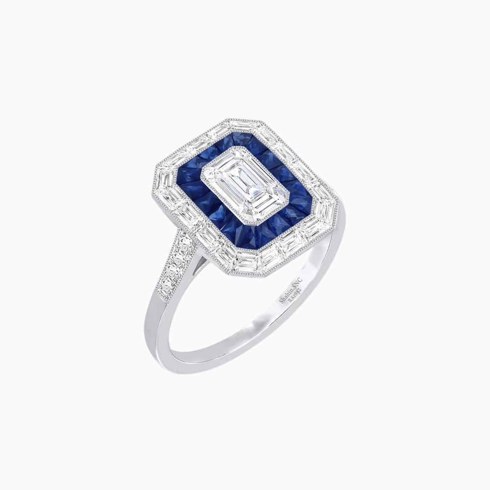 Art Deco Style Emerald Cut Double Halo (French Cut Gemstone and Baguette Halo) Mounting Ring - Shahin Jewelry