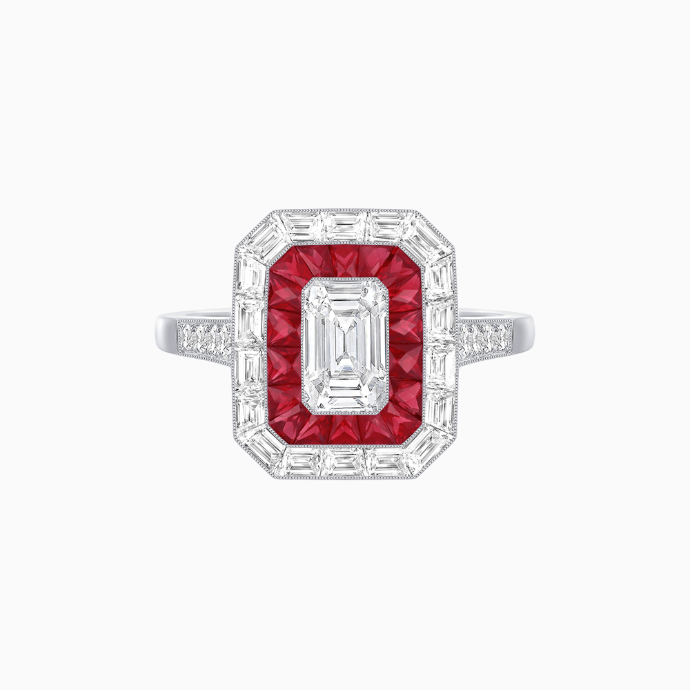 Art Deco Style Emerald Cut Double Halo (French Cut Gemstone and Baguette Halo) Mounting Ring - Shahin Jewelry