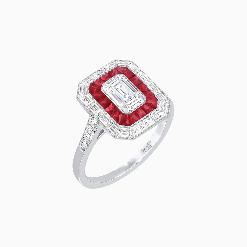 Art Deco Style Emerald Cut Double Halo (French Cut Gemstone and Baguette Halo) Mounting Ring - Shahin Jewelry