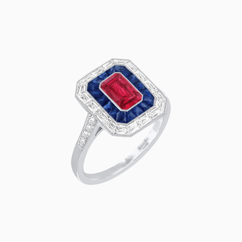Art Deco Style Emerald Cut Double Halo (French Cut Gemstone and Baguette Halo) Mounting Ring - Shahin Jewelry