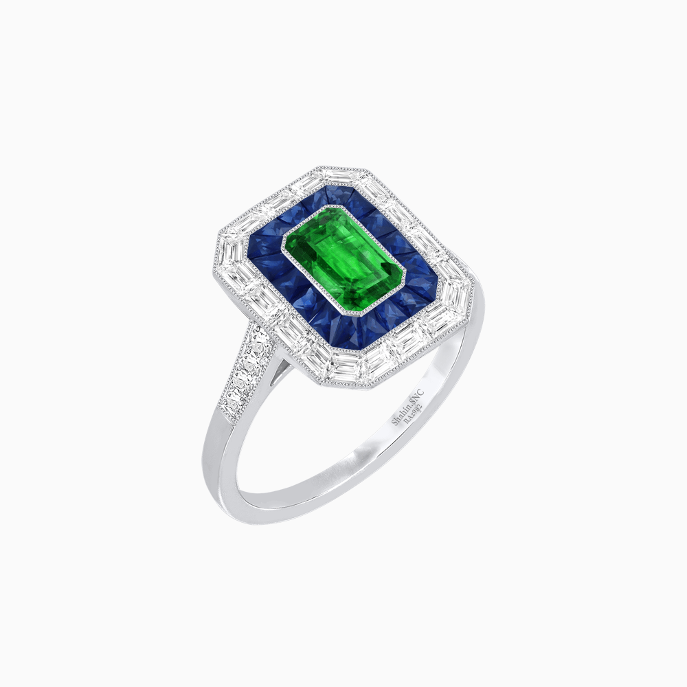 Art Deco Style Emerald Cut Double Halo (French Cut Gemstone and Baguette Halo) Mounting Ring - Shahin Jewelry