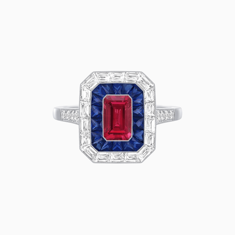 Art Deco Style Emerald Cut Double Halo (French Cut Gemstone and Baguette Halo) Mounting Ring - Shahin Jewelry