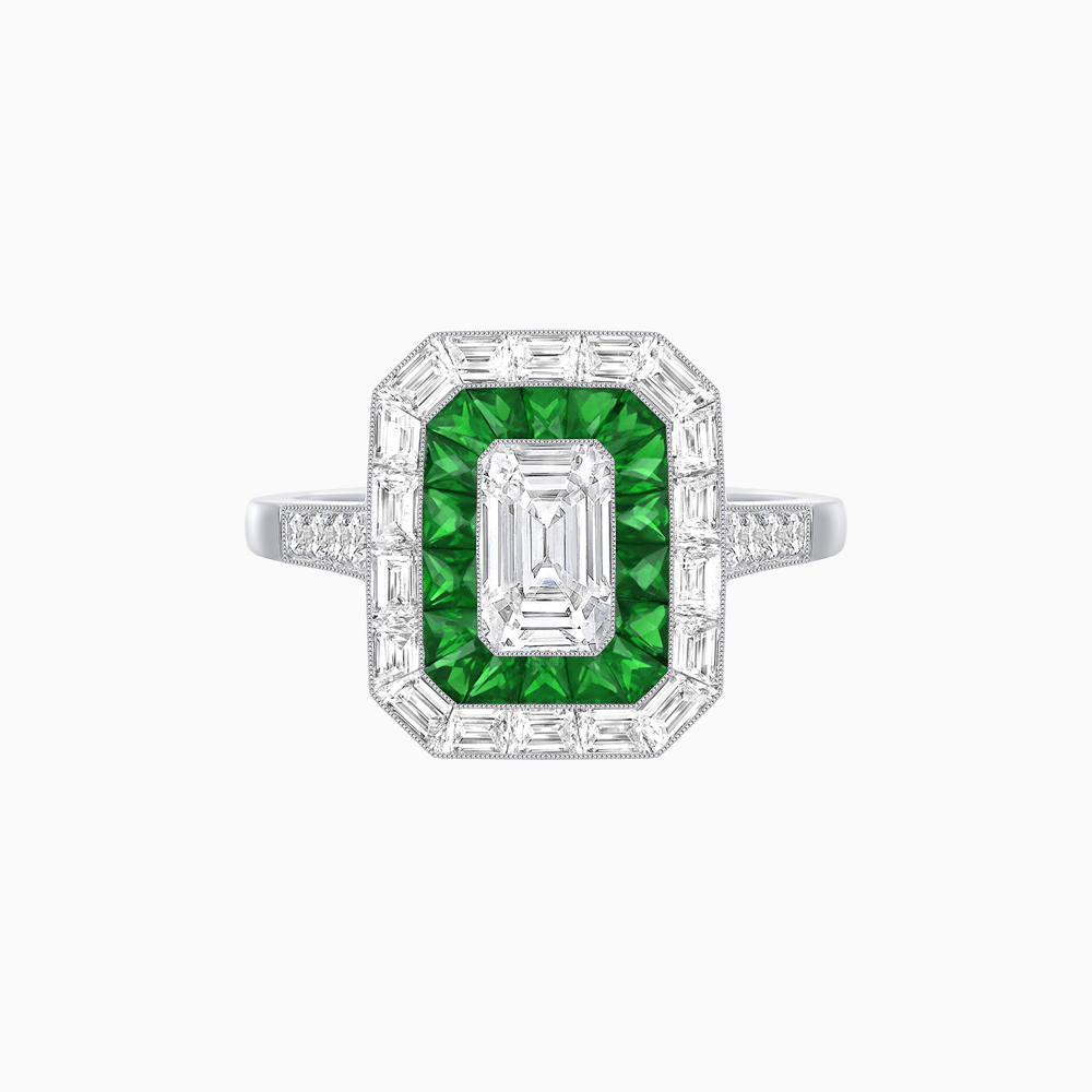 Art Deco Style Emerald Cut Double Halo (French Cut Gemstone and Baguette Halo) Mounting Ring - Shahin Jewelry