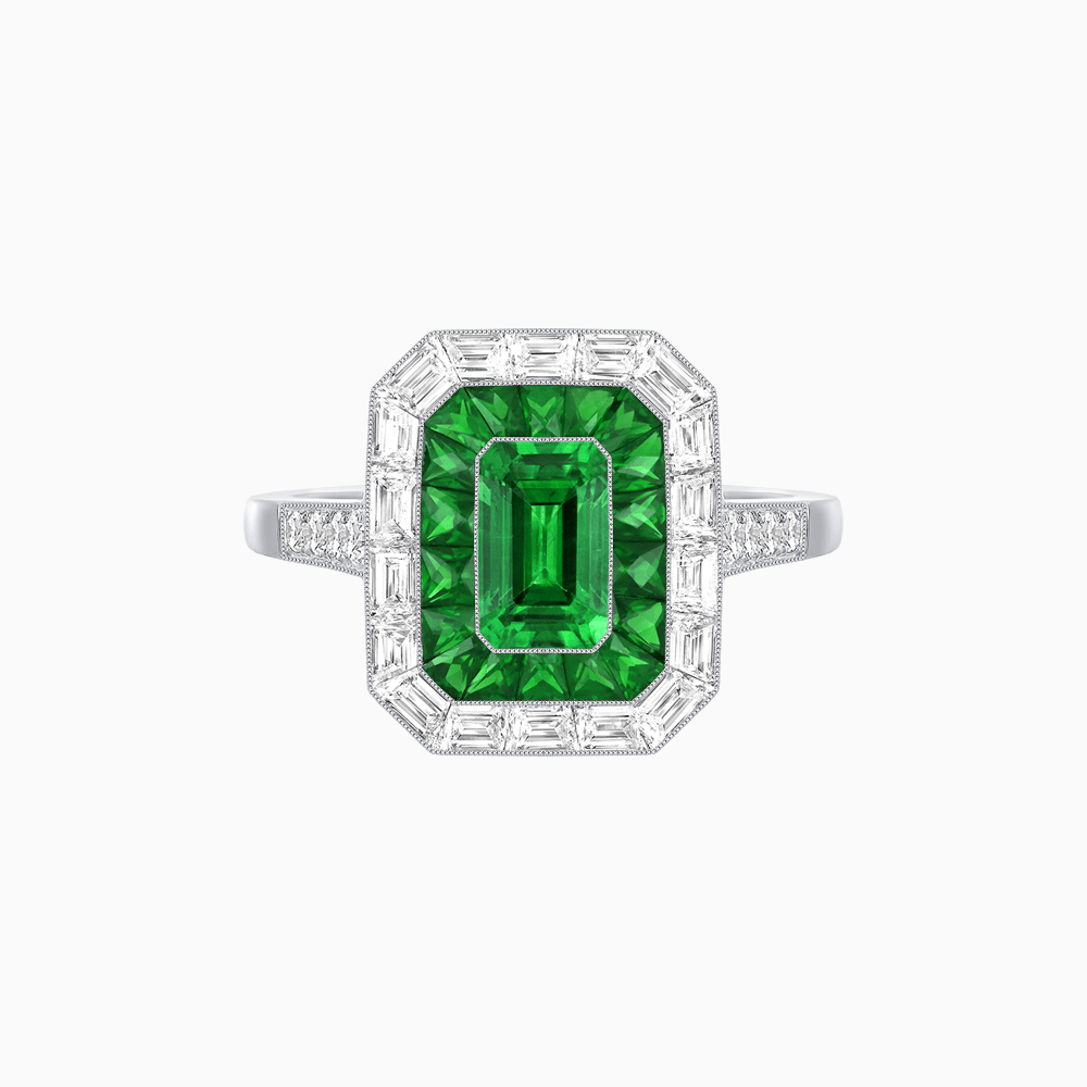 Art Deco Style Emerald Cut Double Halo (French Cut Gemstone and Baguette Halo) Mounting Ring - Shahin Jewelry