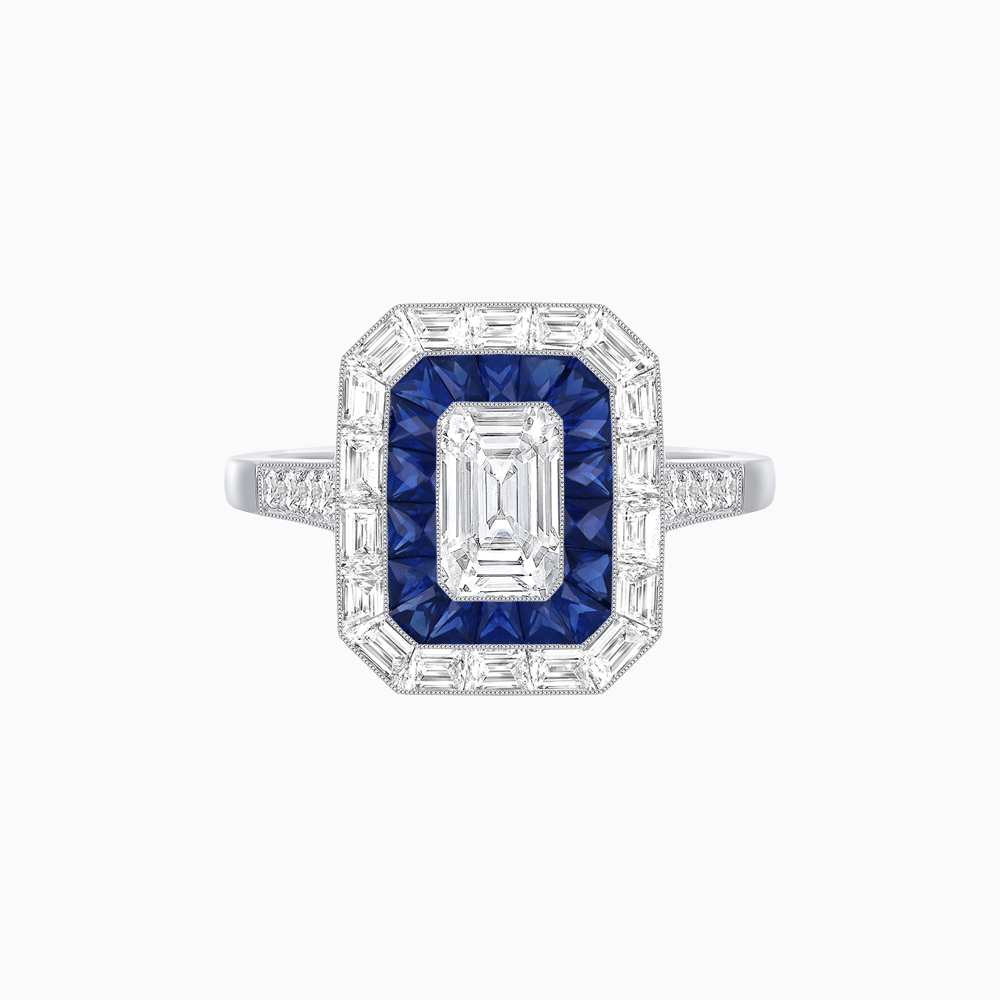 Art Deco Style Emerald Cut Double Halo (French Cut Gemstone and Baguette Halo) Mounting Ring - Shahin Jewelry