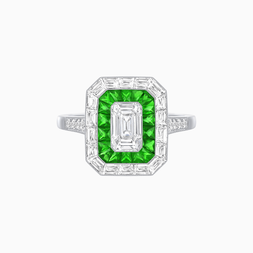 Art Deco Style Emerald Cut Double Halo (French Cut Gemstone and Baguette Halo) Mounting Ring - Shahin Jewelry