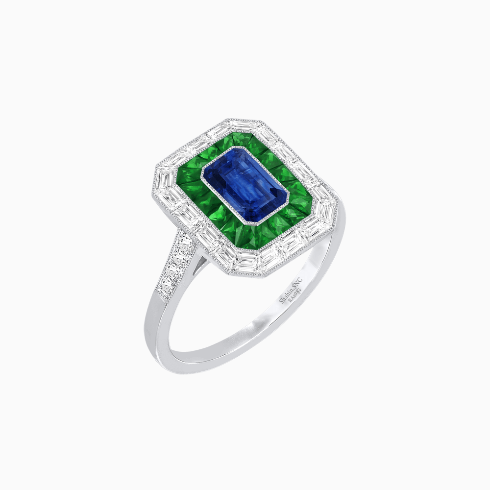 Art Deco Style Emerald Cut Double Halo (French Cut Gemstone and Baguette Halo) Mounting Ring - Shahin Jewelry