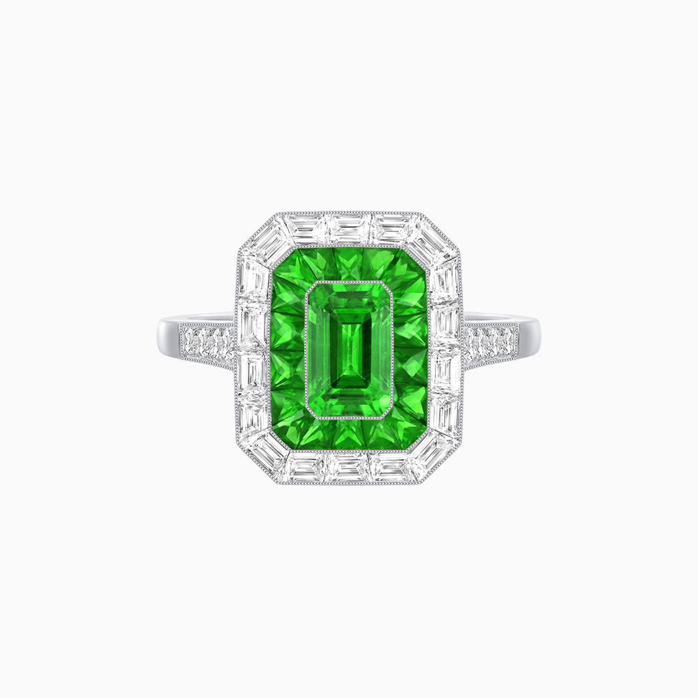 Art Deco Style Emerald Cut Double Halo (French Cut Gemstone and Baguette Halo) Mounting Ring - Shahin Jewelry