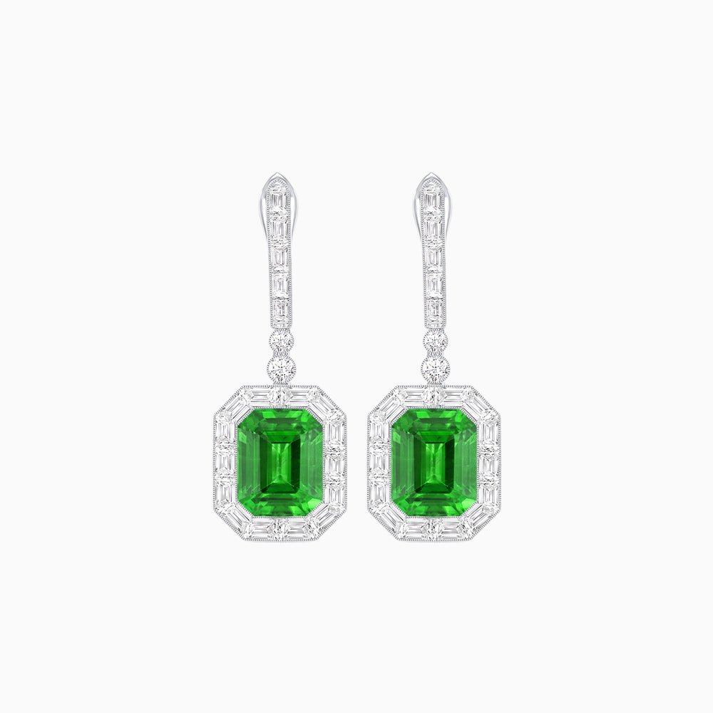 Art Deco Style Emerald - Cut Drop Diamond Earrings with Baguette Halo - Shahin Jewelry