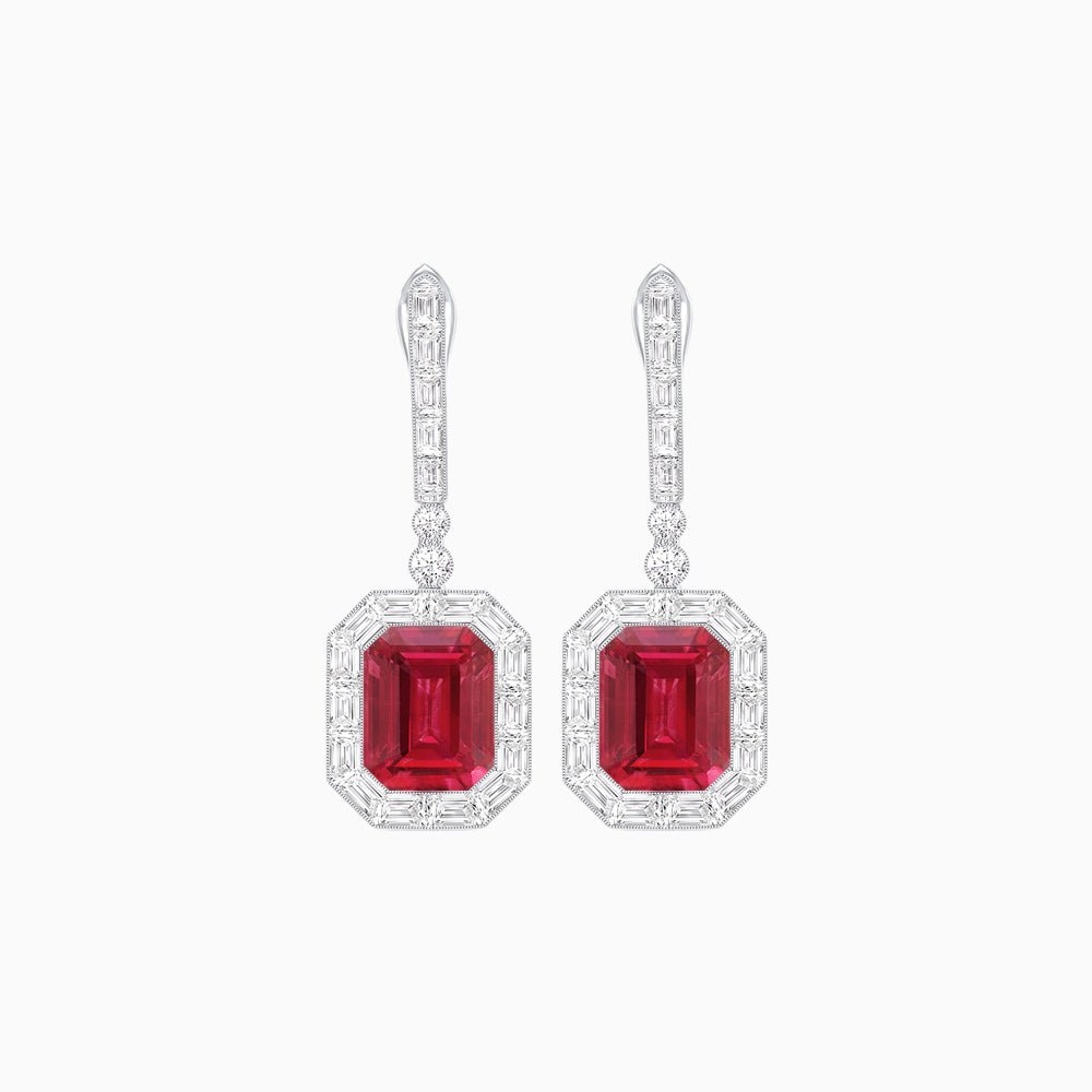 Art Deco Style Emerald - Cut Drop Diamond Earrings with Baguette Halo - Shahin Jewelry