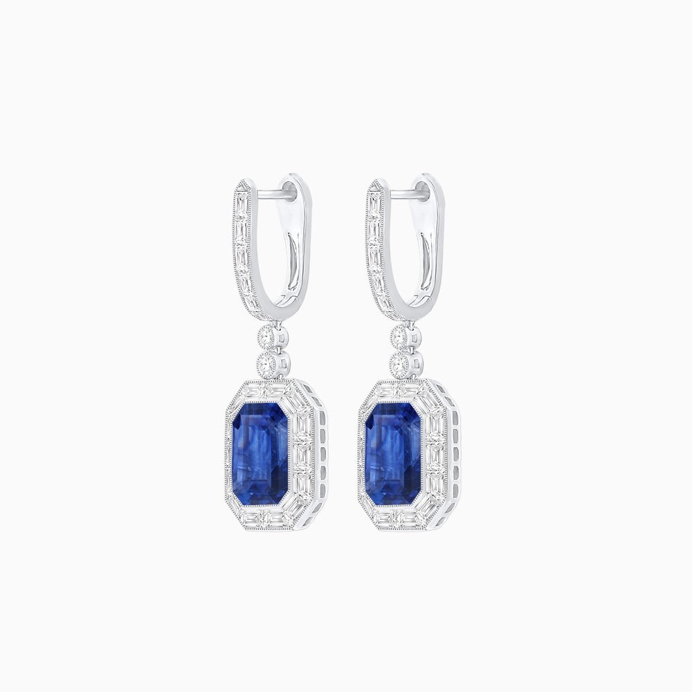 Art Deco Style Emerald - Cut Drop Diamond Earrings with Baguette Halo - Shahin Jewelry