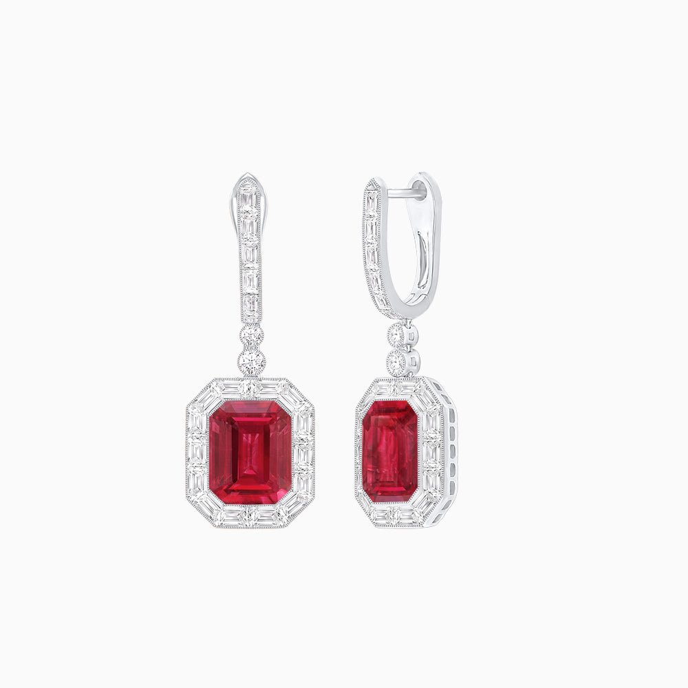 Art Deco Style Emerald - Cut Drop Diamond Earrings with Baguette Halo - Shahin Jewelry