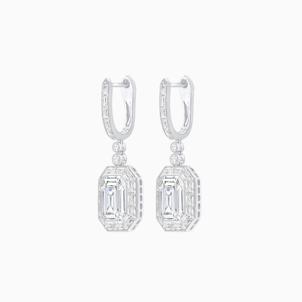 Art Deco Style Emerald - Cut Drop Diamond Earrings with Baguette Halo - Shahin Jewelry