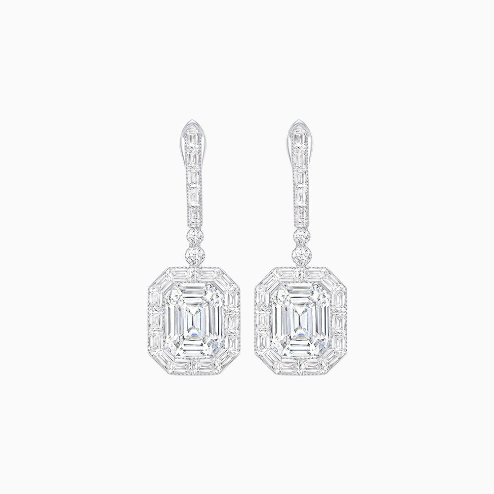 Art Deco Style Emerald - Cut Drop Diamond Earrings with Baguette Halo - Shahin Jewelry