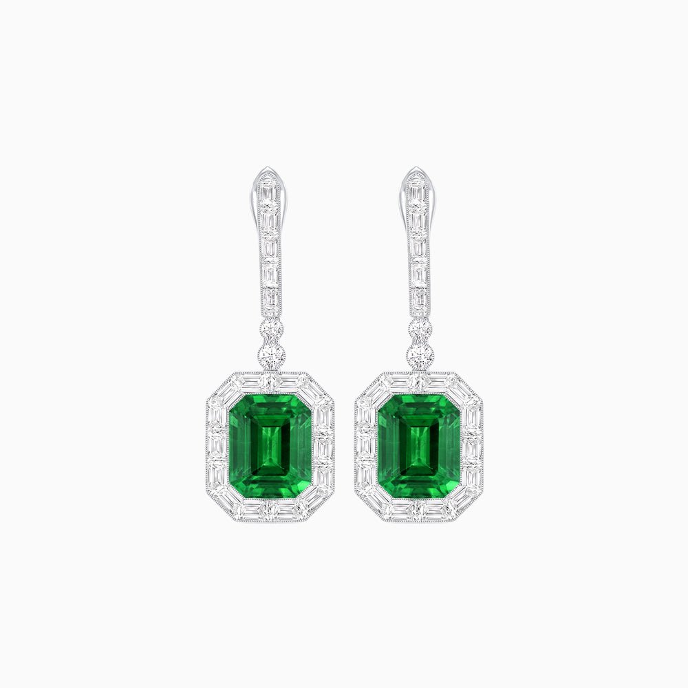 Art Deco Style Emerald - Cut Drop Diamond Earrings with Baguette Halo - Shahin Jewelry