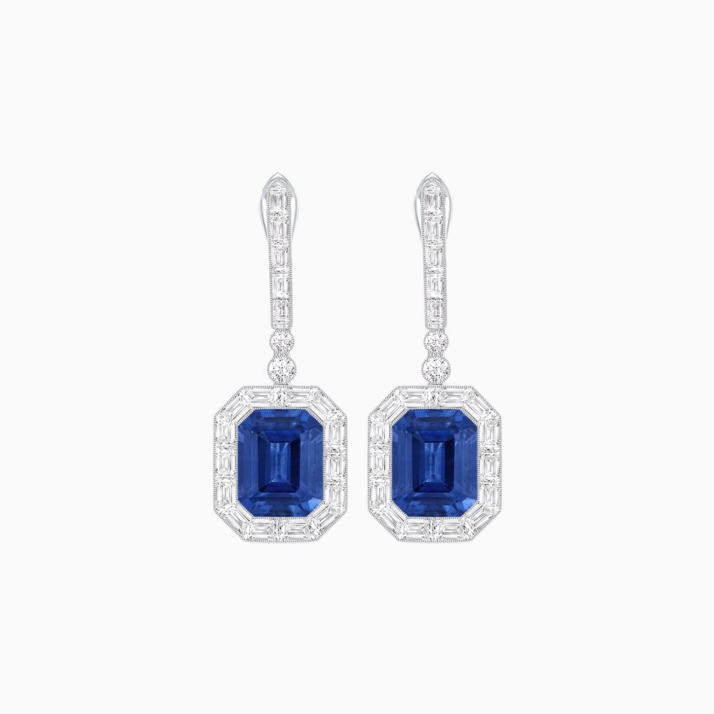 Art Deco Style Emerald - Cut Drop Diamond Earrings with Baguette Halo - Shahin Jewelry