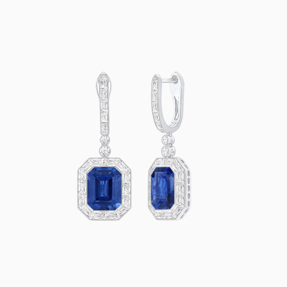 Art Deco Style Emerald - Cut Drop Diamond Earrings with Baguette Halo - Shahin Jewelry