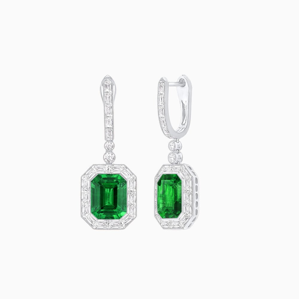 Art Deco Style Emerald Cut Drop Earrings with Diamond Halo - Shahin Jewelry