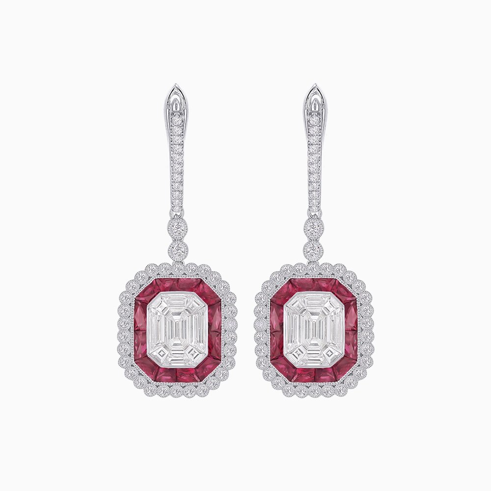 Art Deco Style Emerald Cut Earrings with Illusion Emerald Cut Diamonds - Shahin Jewelry