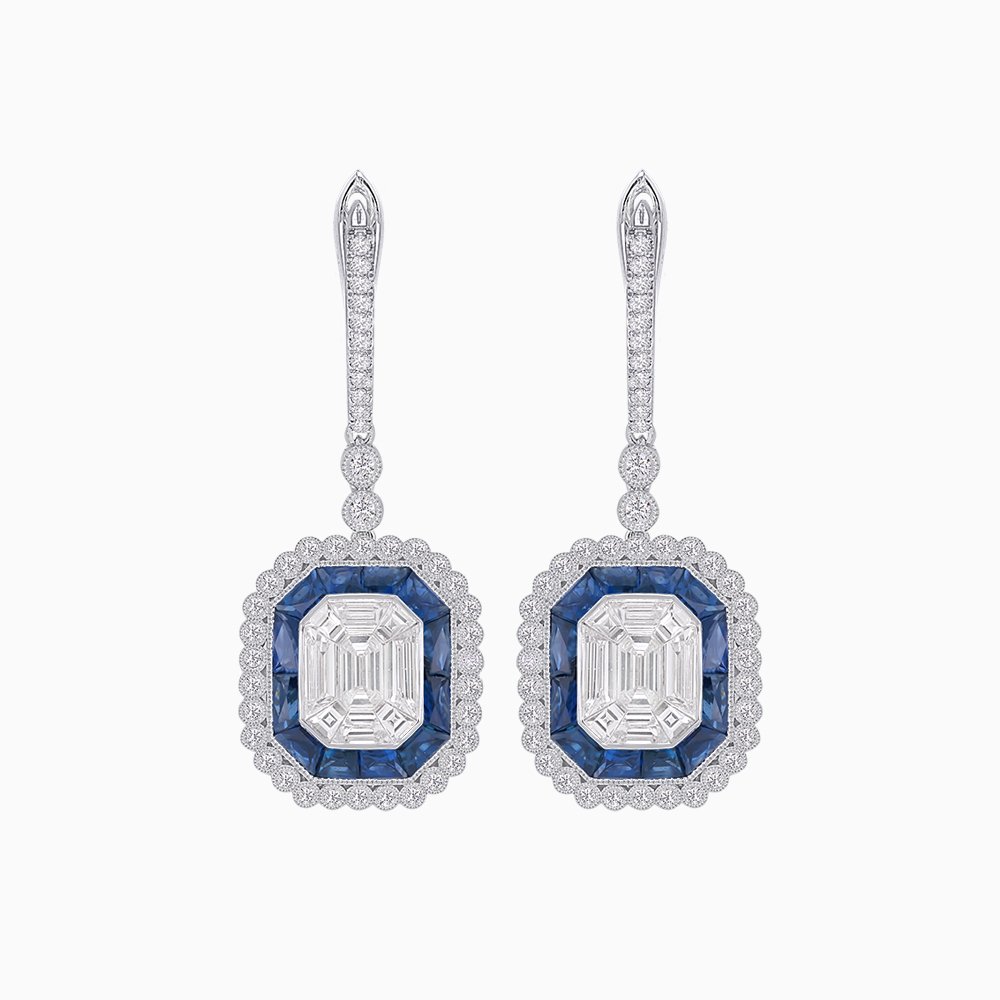 Art Deco Style Emerald Cut Earrings with Illusion Emerald Cut Diamonds - Shahin Jewelry