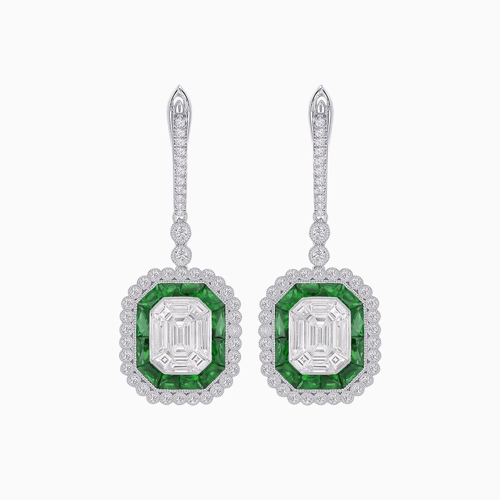 Art Deco Style Emerald Cut Earrings with Illusion Emerald Cut Diamonds - Shahin Jewelry