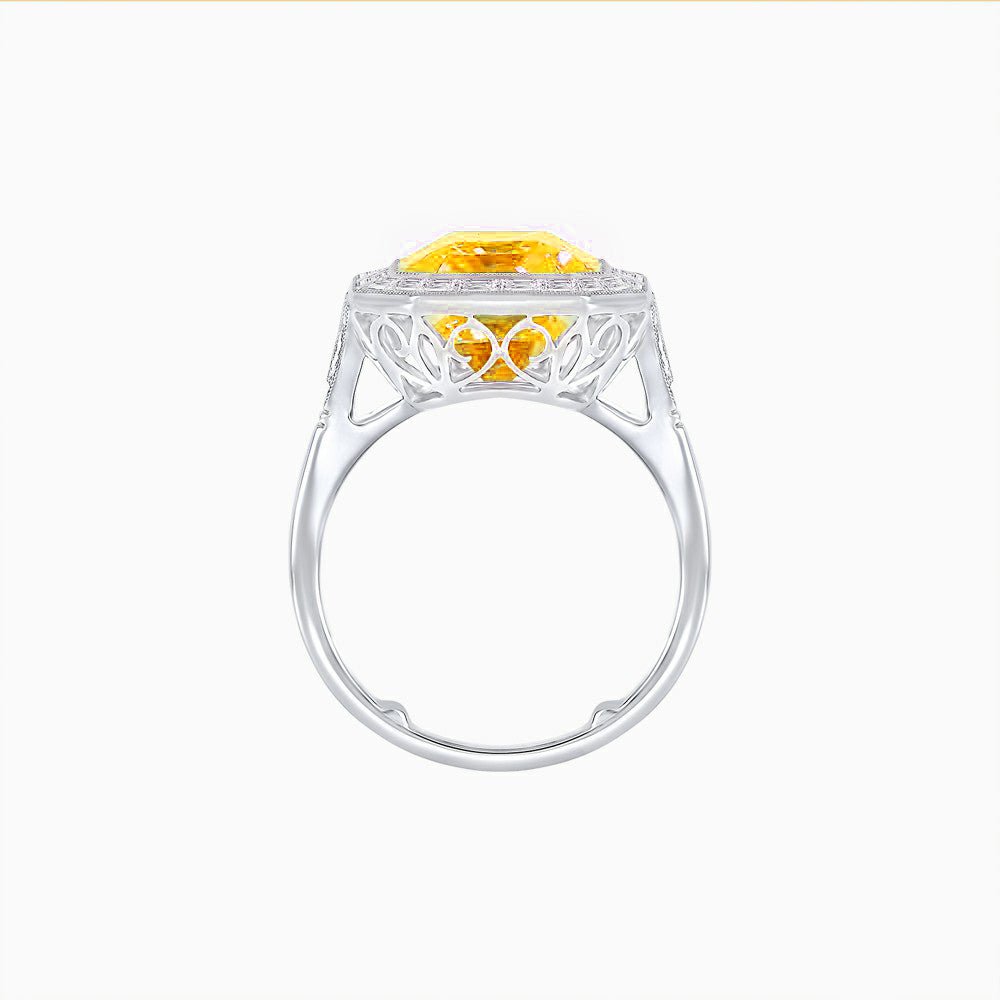 Art Deco Style Emerald Cut Gemstone Ring with Baguette Diamond Halo - Shahin Jewelry
