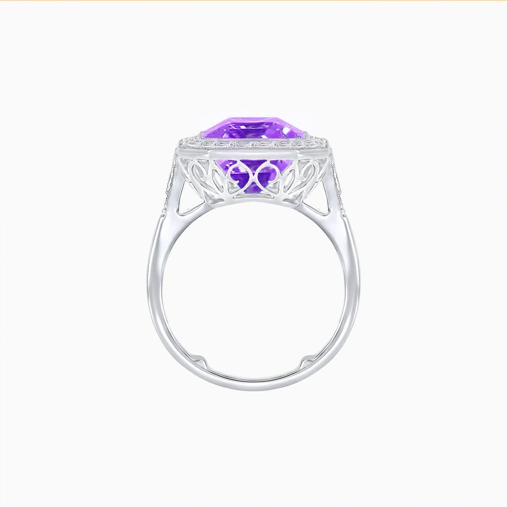 Art Deco Style Emerald Cut Gemstone Ring with Baguette Diamond Halo - Shahin Jewelry