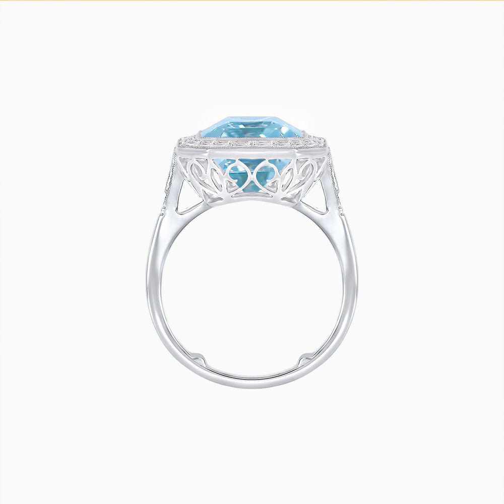 Art Deco Style Emerald Cut Gemstone Ring with Baguette Diamond Halo - Shahin Jewelry