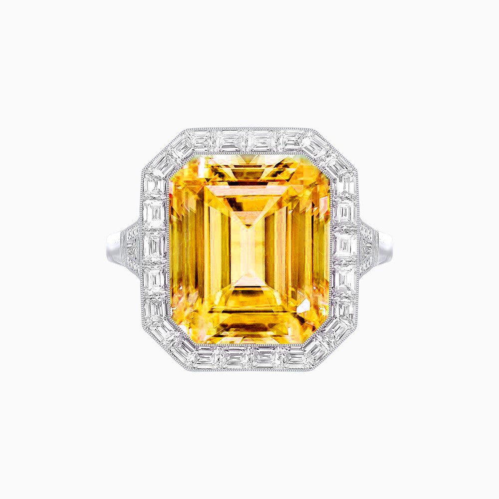 Art Deco Style Emerald Cut Gemstone Ring with Baguette Diamond Halo - Shahin Jewelry