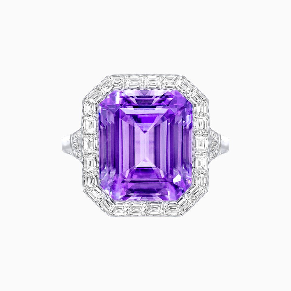 Art Deco Style Emerald Cut Gemstone Ring with Baguette Diamond Halo - Shahin Jewelry