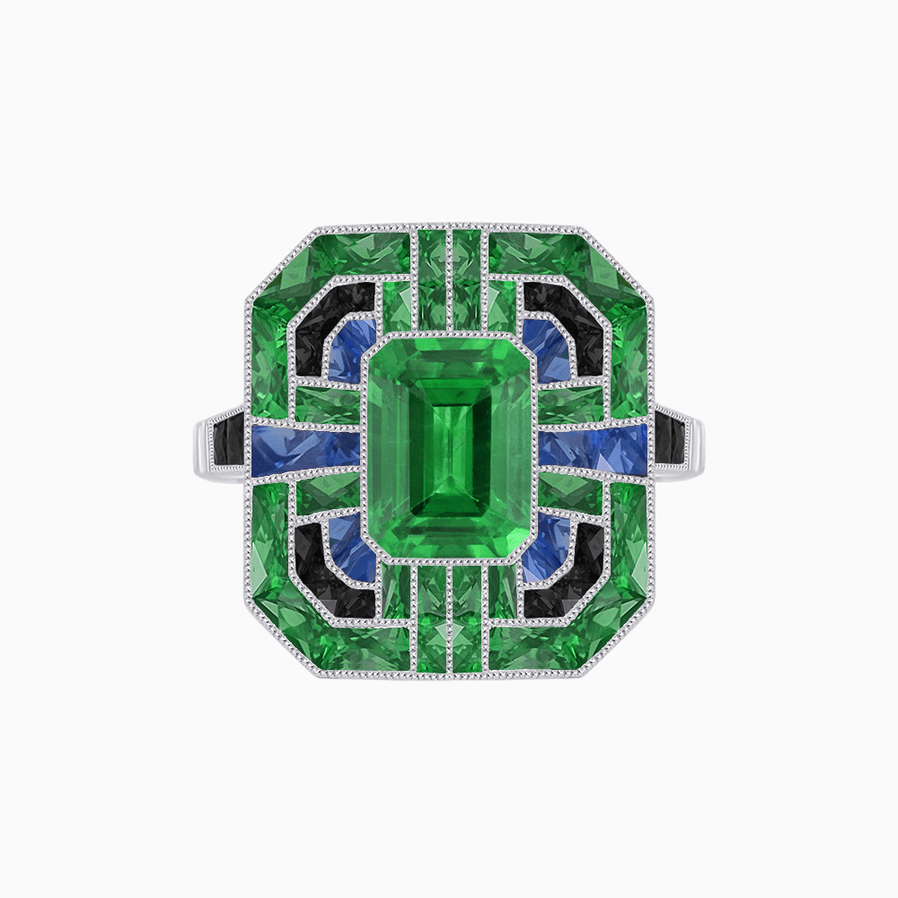 Art Deco Style Emerald Cut Geometric Engagement Ring with Diamond - Shahin Jewelry