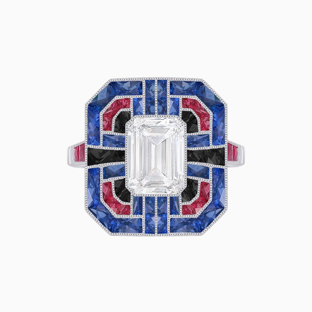 Art Deco Style Emerald Cut Geometric Engagement Ring with Diamond - Shahin Jewelry