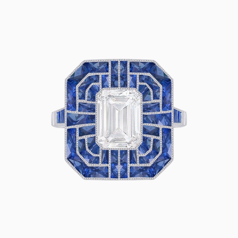 Art Deco Style Emerald Cut Geometric Engagement Ring with Diamond - Shahin Jewelry