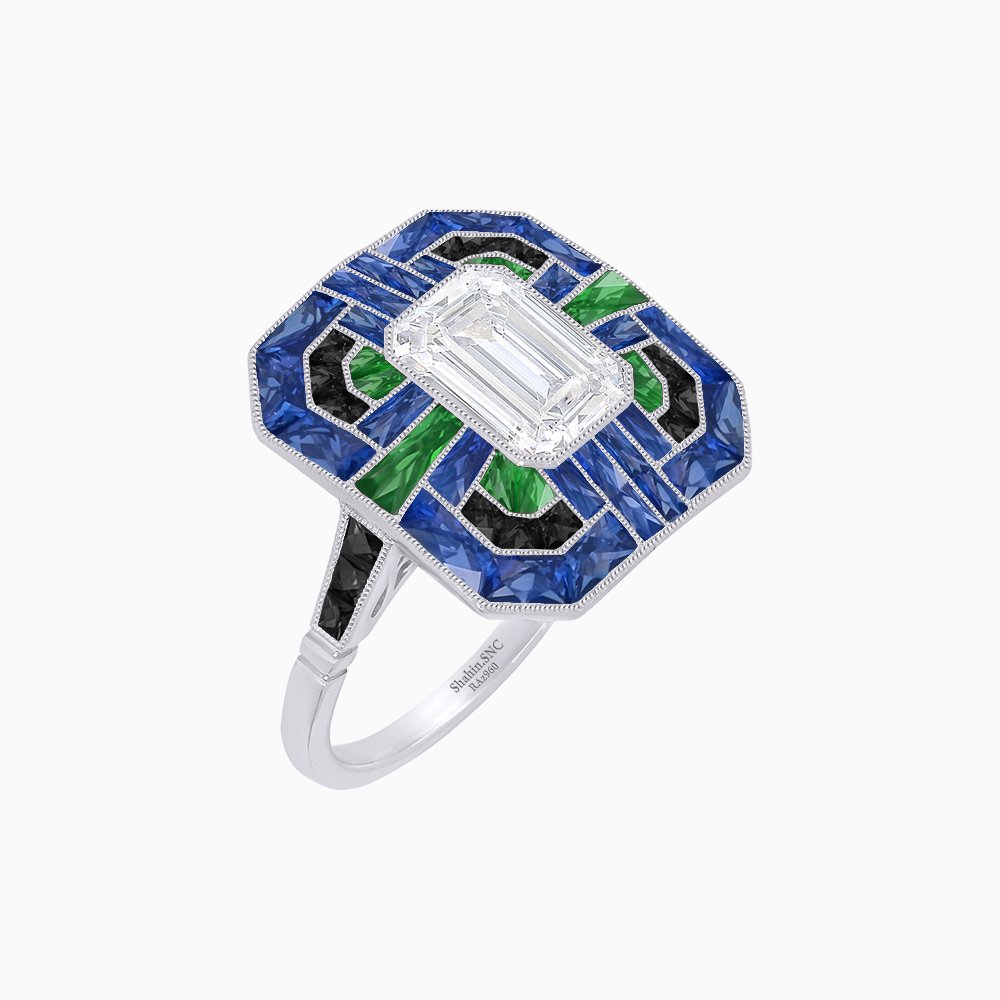 Art Deco Style Emerald Cut Geometric Engagement Ring with Diamond - Shahin Jewelry