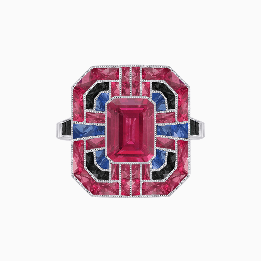 Art Deco Style Emerald Cut Geometric Engagement Ring with Diamond - Shahin Jewelry