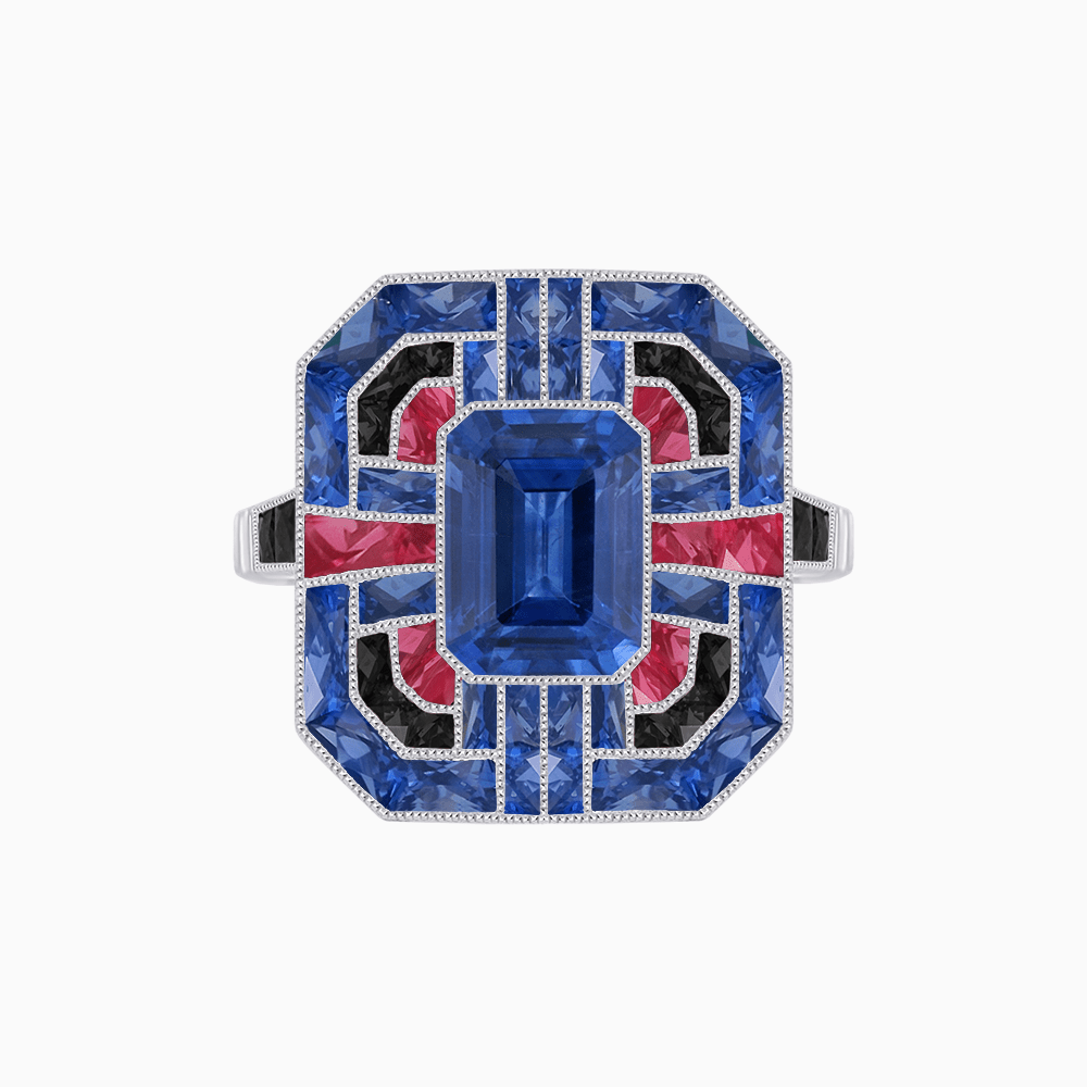 Art Deco Style Emerald Cut Geometric Engagement Ring with Diamond - Shahin Jewelry