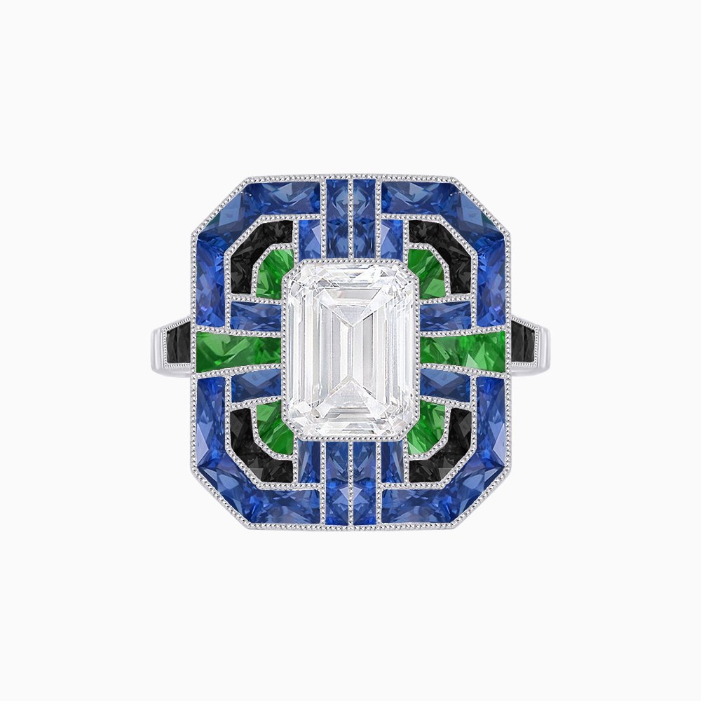 Art Deco Style Emerald Cut Geometric Engagement Ring with Diamond - Shahin Jewelry