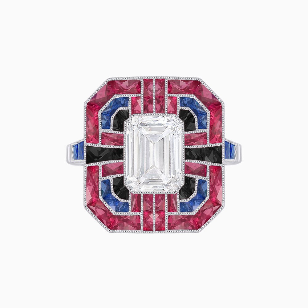 Art Deco Style Emerald Cut Geometric Engagement Ring with Diamond - Shahin Jewelry